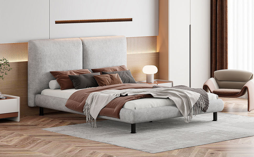 Queen Size Upholstered Platform Bed with Two Large Headrests and Thick Fabric, Polyester, Beige - Atlantic Fine Furniture Melbourne FL
