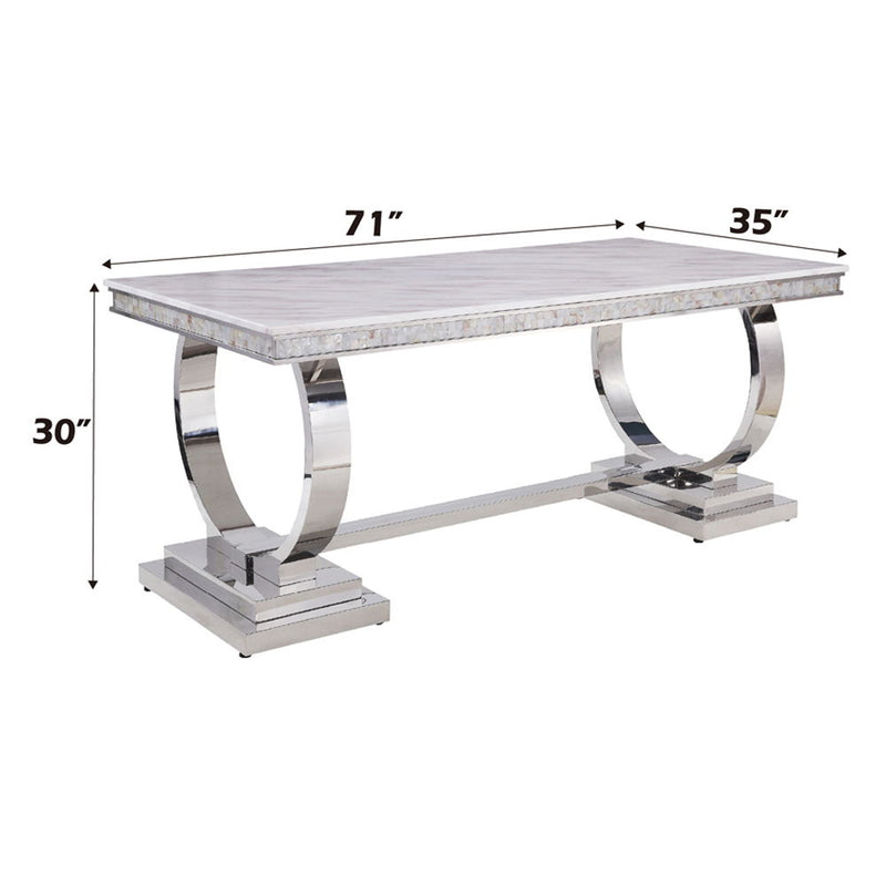 Zander - Dining Table - White Printed Faux Marble & Mirrored Silver Finish - Atlantic Fine Furniture Inc