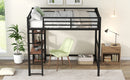 Full Size Metal Loft Bed with Built-in Desk and Storage Shelves, Black