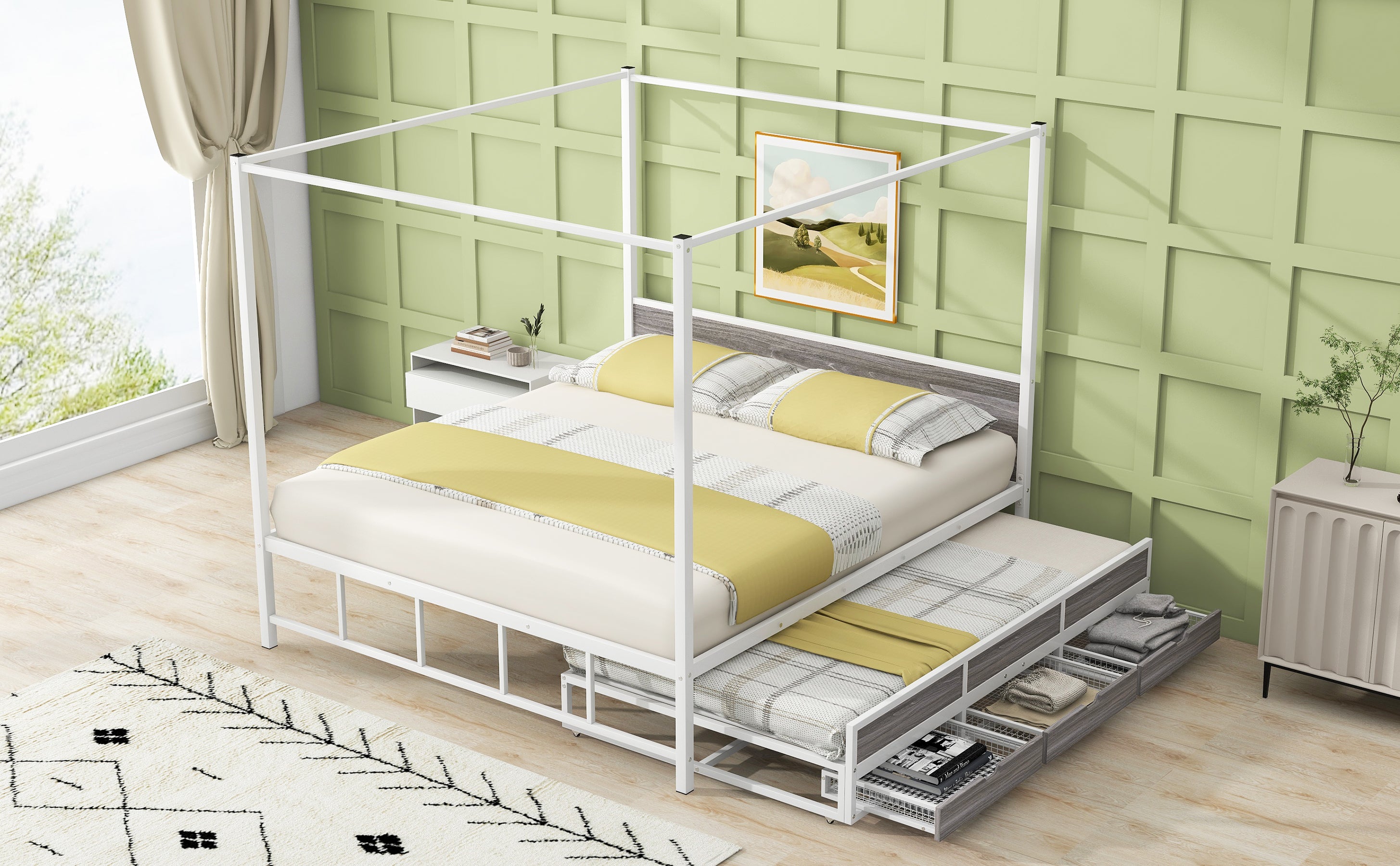 Queen Size Metal Canopy Platform Bed with Twin Size Trundle and 3 Storage Drawers, White - Atlantic Fine Furniture Melbourne FL