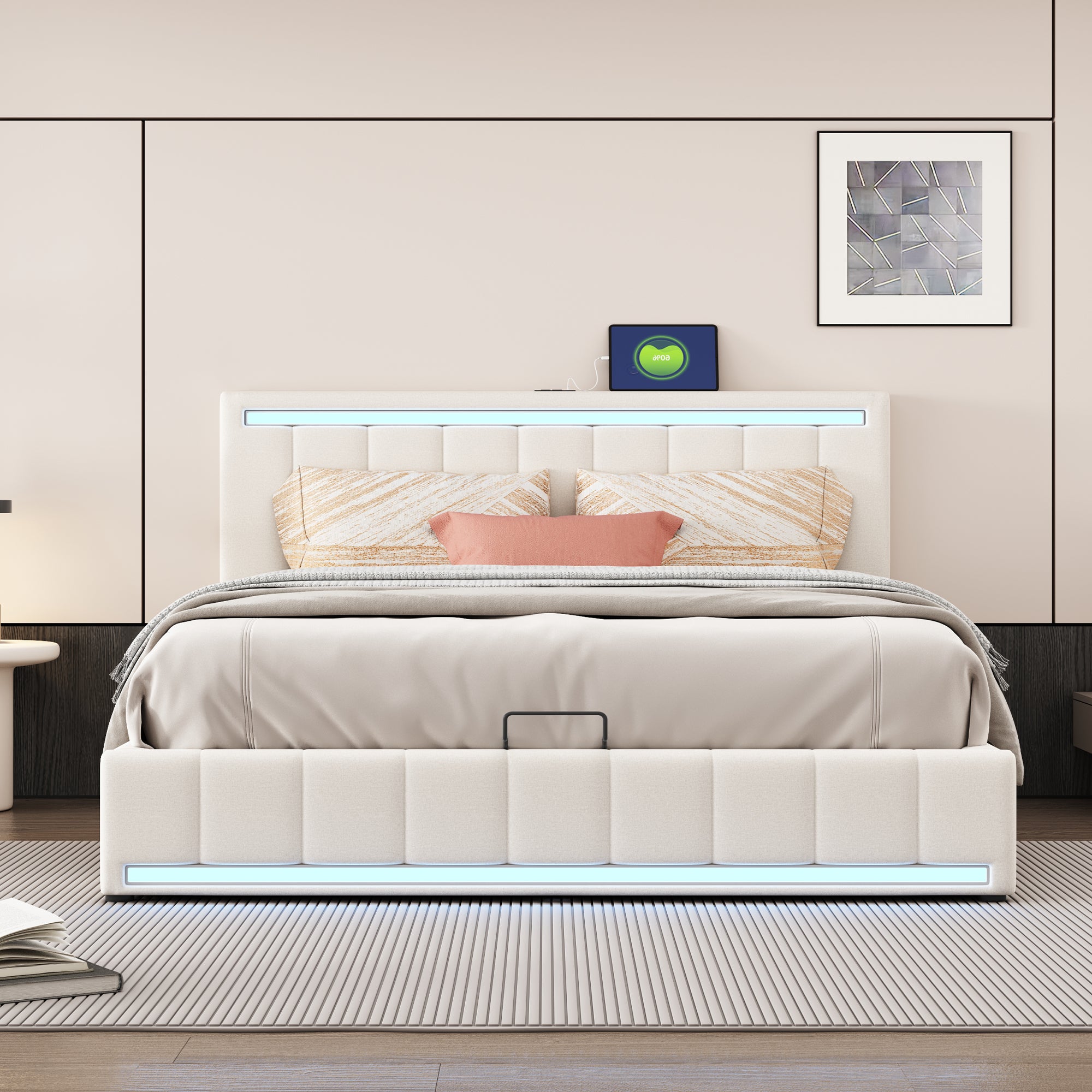 Queen Size Upholstered Platform Bed with Hydraulic Storage System, LED Light, and a set of USB Ports and Sockets, Linen Fabric, Beige