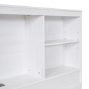 Full Size Platform Bed with Storage Headboard, Charging Station, Twin Size Trundle and 3 Drawers, Antique White