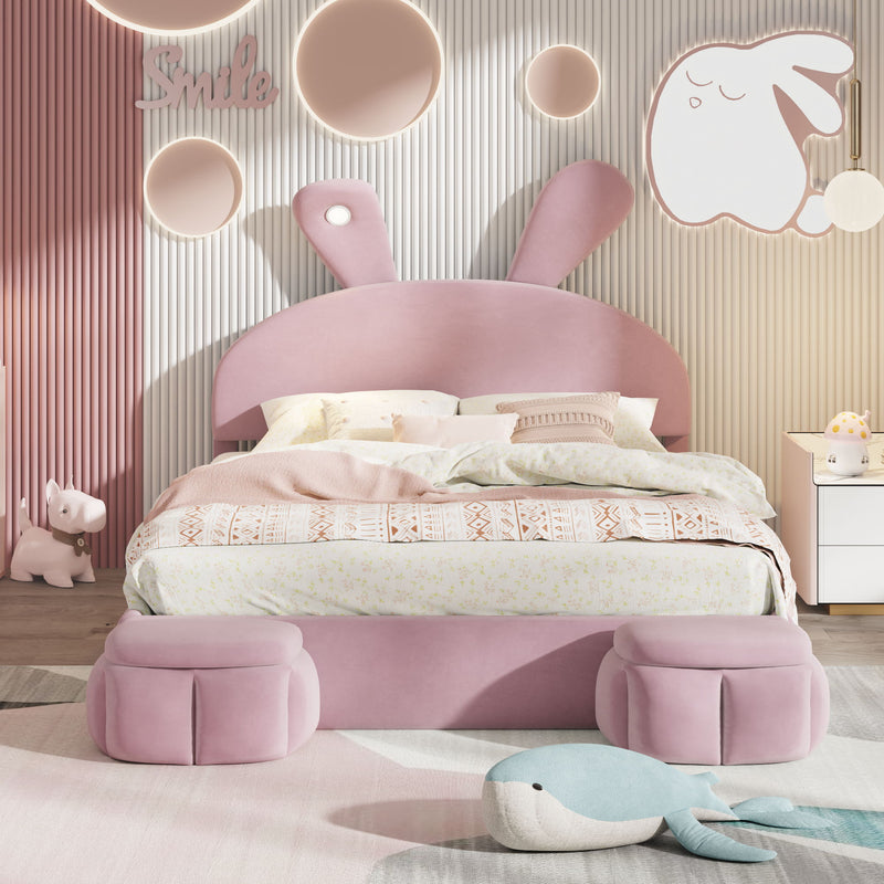 Upholstered Platform Bed With Cartoon Ears Shaped Headboard And LED Light