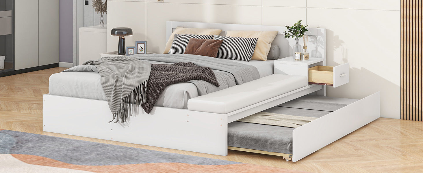 Full Size Wood Storage Hydraulic Platform Bed with Twin Size Trundle, Side Table and Lounge, White - Atlantic Fine Furniture Melbourne FL