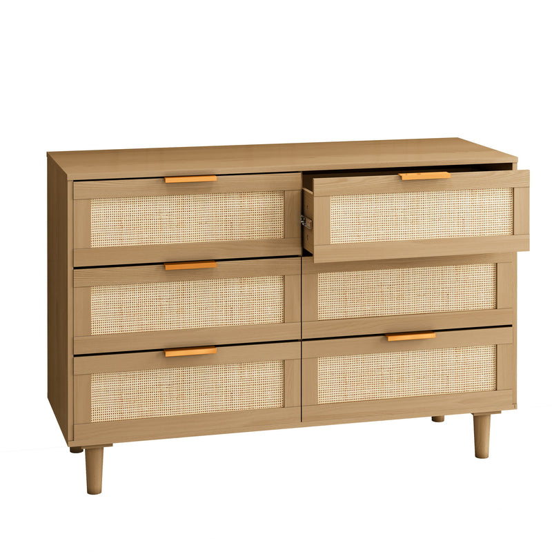 Modern Rattan Dresser With 6 Drawers For Bedroom And Living Room - Oak