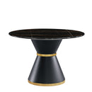 Marble Printed Round Dining Table - Black Columnar Base With Gold Annulus Not Including Chairs - Black