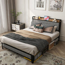 Bed With Charging Station, American Design Upholstered Headboard, Metal Platform