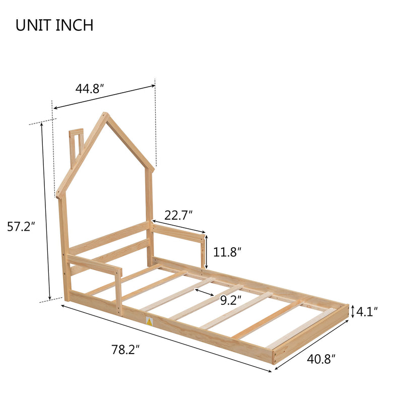 Twin House-Shaped Headboard Floor Bed With Handrails, Slats