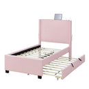 Twin Size Upholstered Bed Frame With Trundle Bed, Teddy Fabric, USB Functionality, And A Pocket Design On The Side Of The Headboard For Storing Small Items - Baby Pink