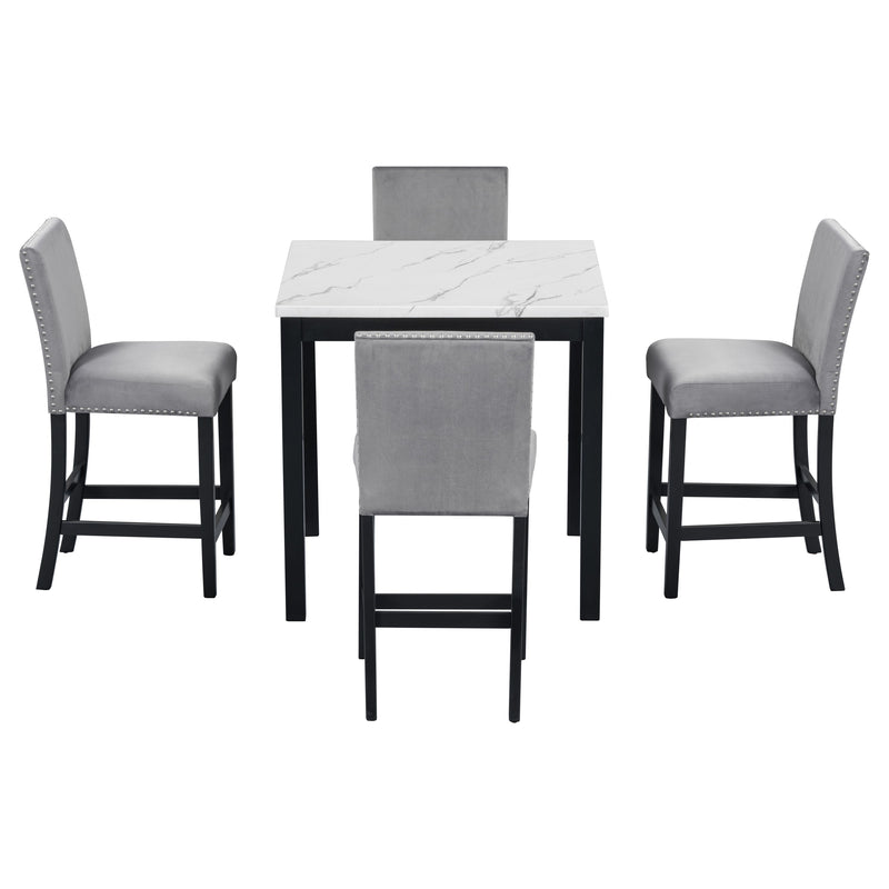 5-Piece Counter Height Dining Table Set With One Faux Marble Top Dining Table And Four Velvet Upholstered Chairs