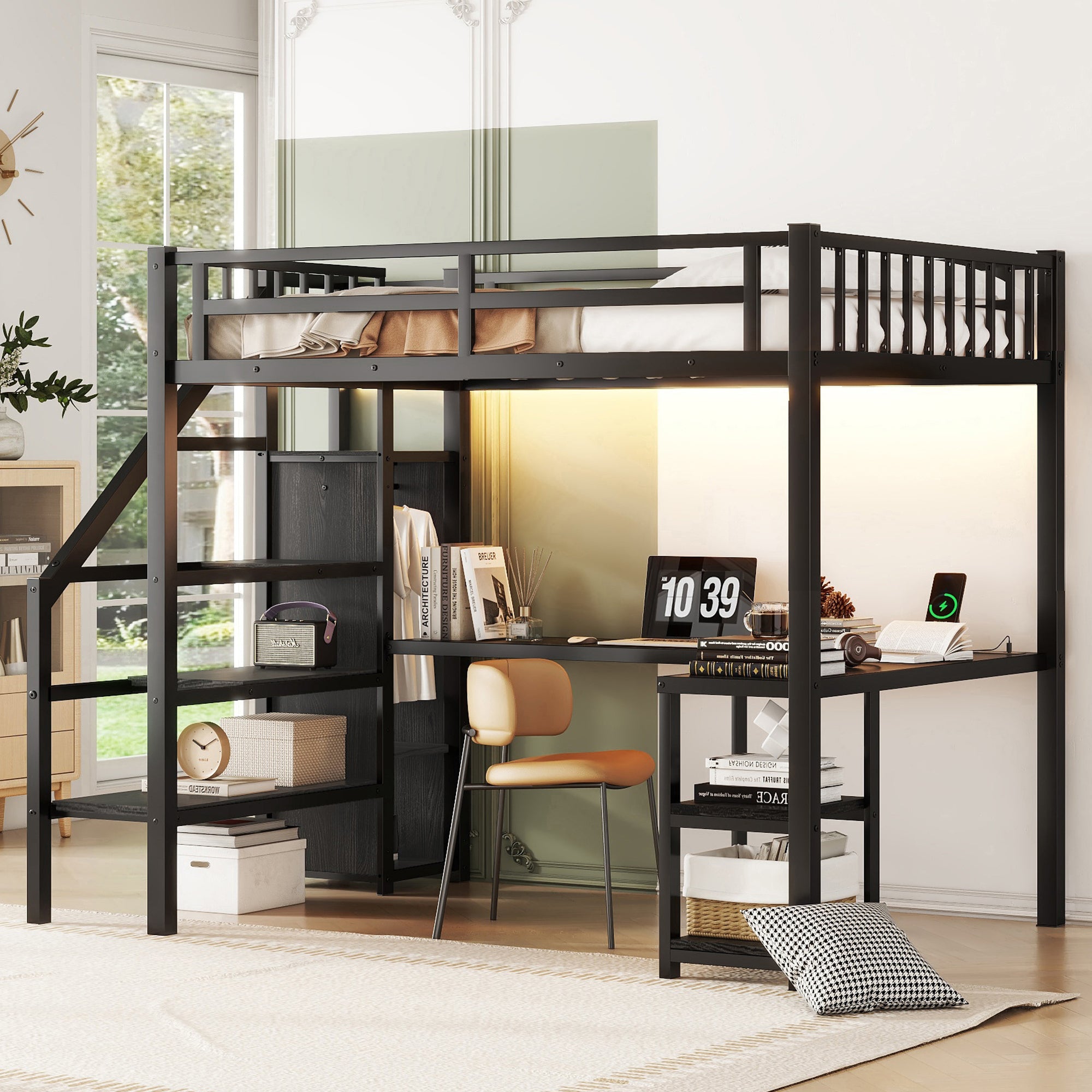 Metal Full Loft Bed with Wardrobe and LED Light, Full Size Loft Bed with L Shaped Desk and USB for Kids Teens Adults, Black (Expect arrival date 2024/5/19)