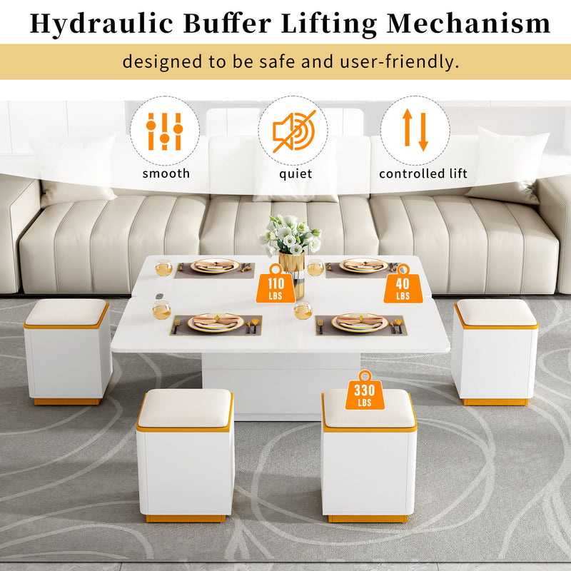 Multi Functional Adjustable Coffee Table With 4 Storage Stools