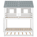 Twin Size House Bunk Bed With Trundle, Roof And Windows - White / Gray