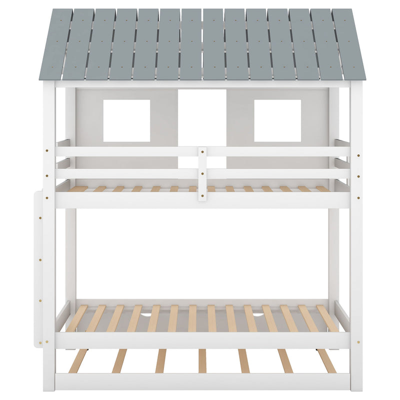 Twin Size House Bunk Bed With Trundle, Roof And Windows - White / Gray