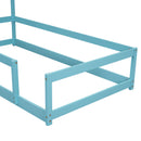 Twin Size Wood bed with House-shaped Headboard Floor bed with Fences,Light Blue