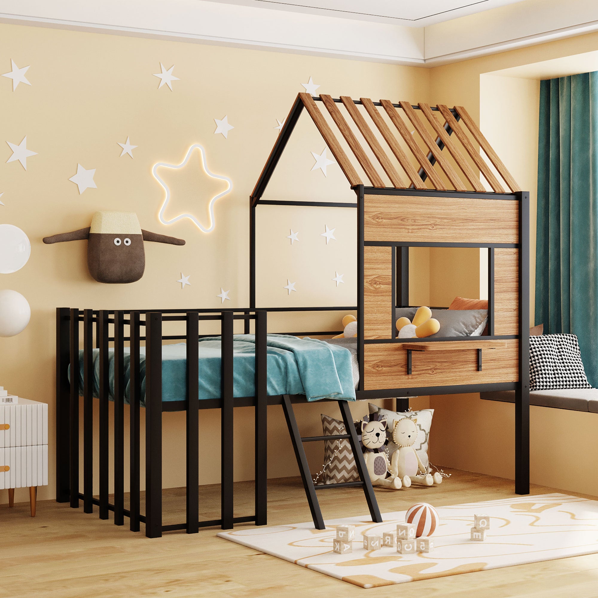 Metal Twin size Loft Bed with Roof, Window, Guardrail, Ladder Black - Atlantic Fine Furniture Melbourne FL