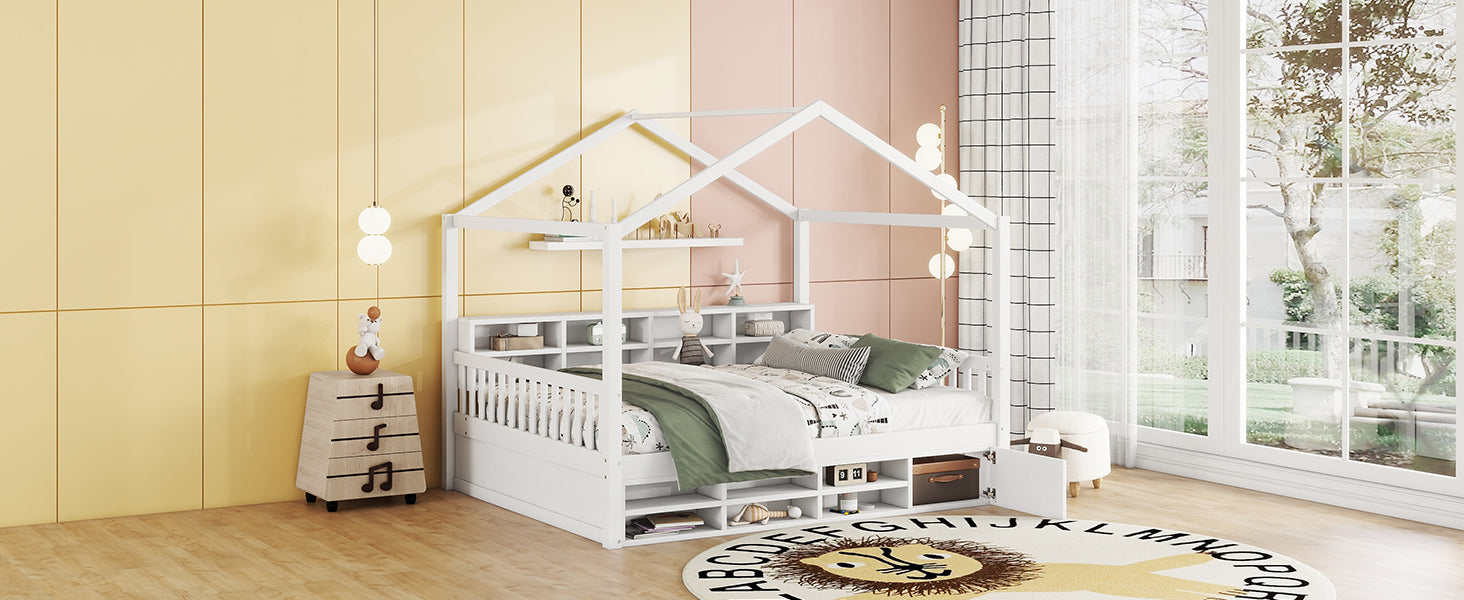 Full Size Wooden House Bed with Shelves and a Mini-cabinet, White - Atlantic Fine Furniture Melbourne FL