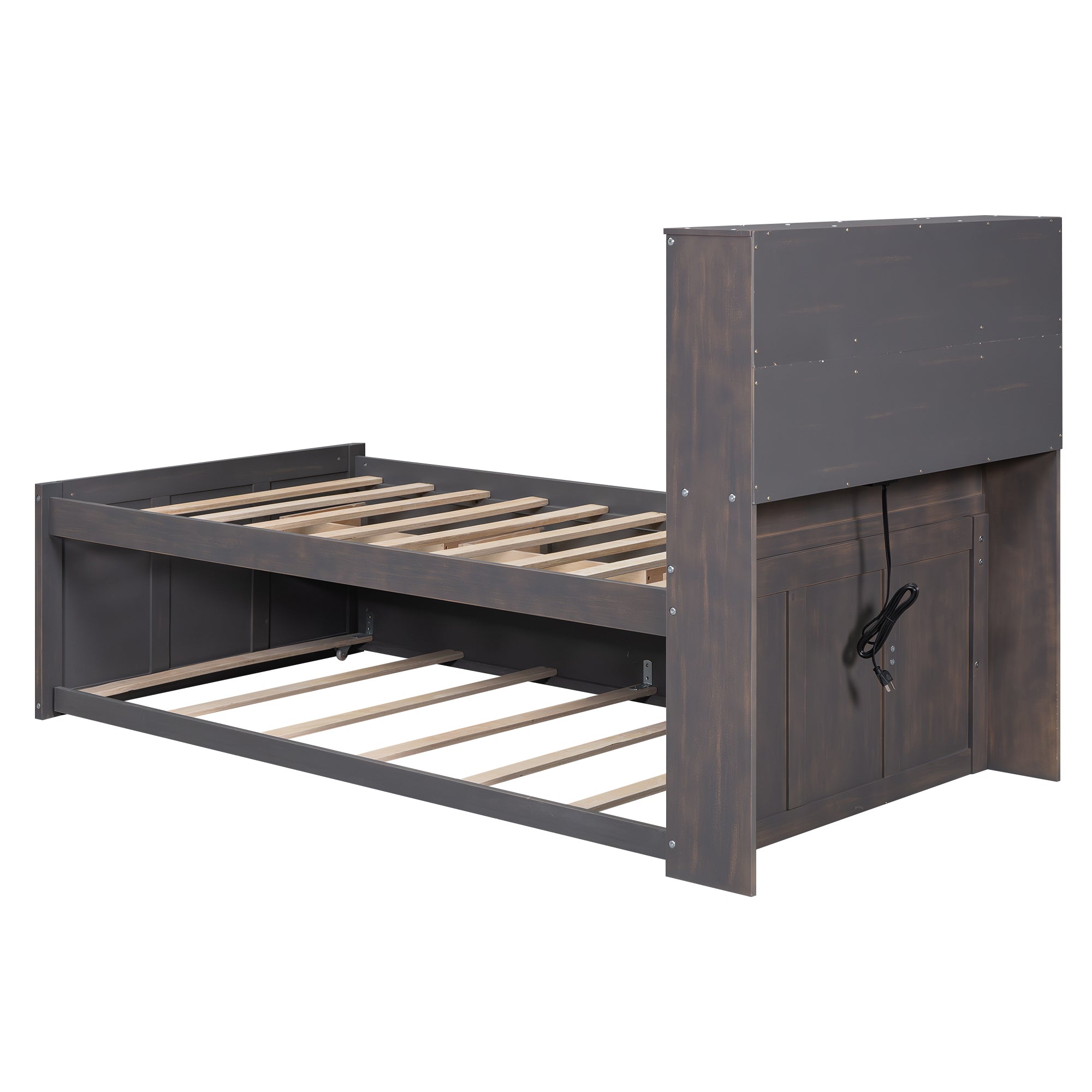 Twin Size Platform Bed with Storage Headboard, Charging Station, Twin Size Trundle and 3 Drawers, Antique Brown - Atlantic Fine Furniture Melbourne FL