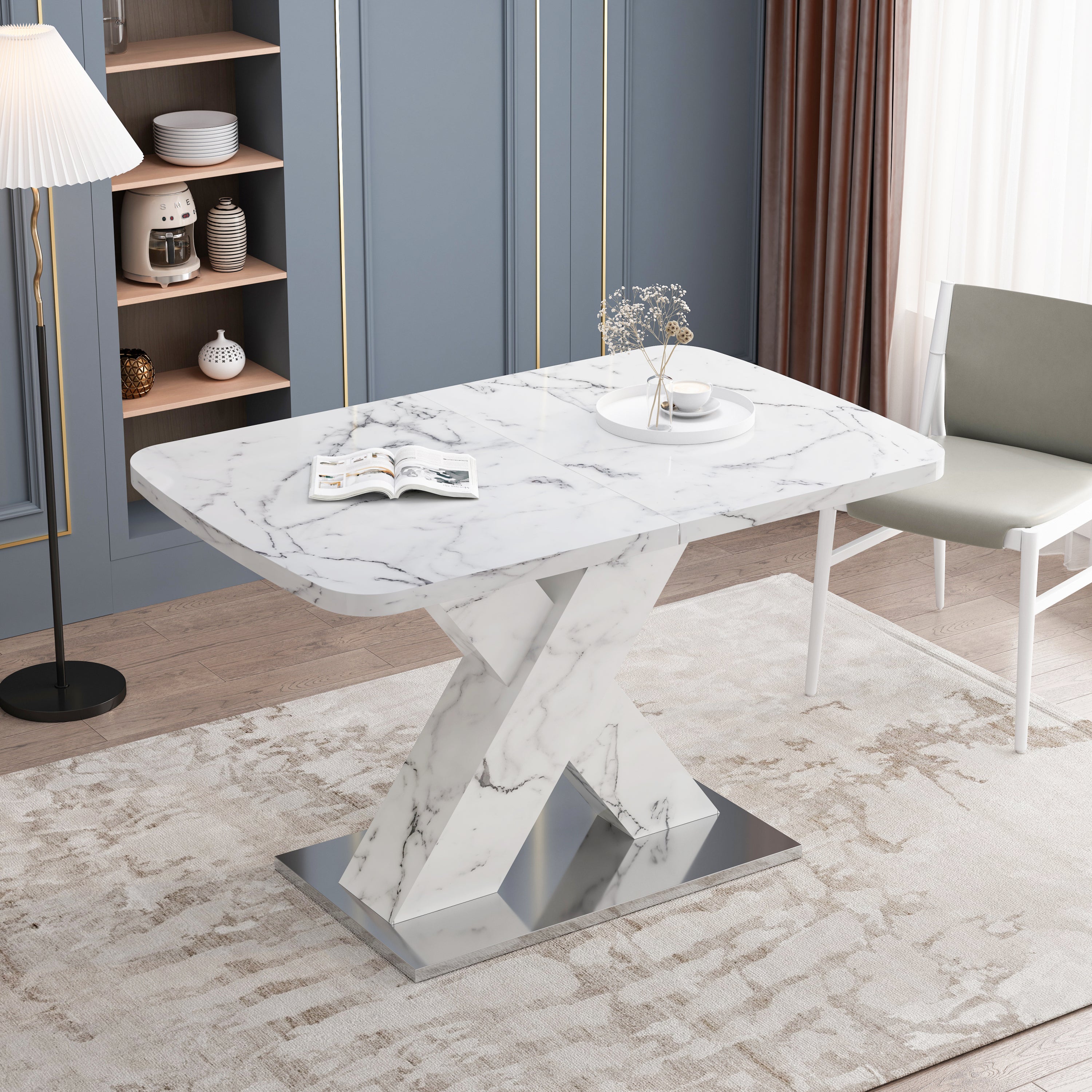 Modern Square Dining Table, Stretchable, with Printed White Marble Table Top+MDF X-Shape Table Leg with Metal Base