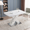 Modern Square Dining Table, Stretchable, with Printed White Marble Table Top+MDF X-Shape Table Leg with Metal Base