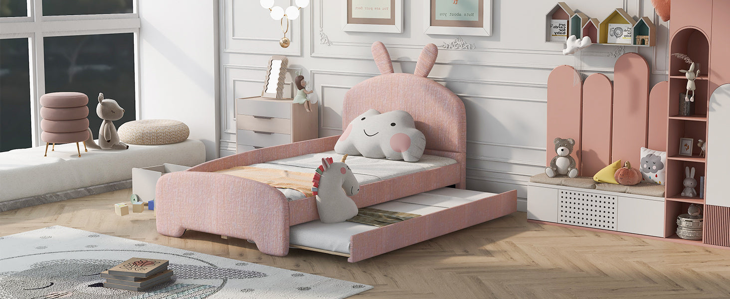 Twin Size Upholstered Platform Bed with Cartoon Ears Shaped Headboard and Trundle, Pink - Atlantic Fine Furniture Melbourne FL