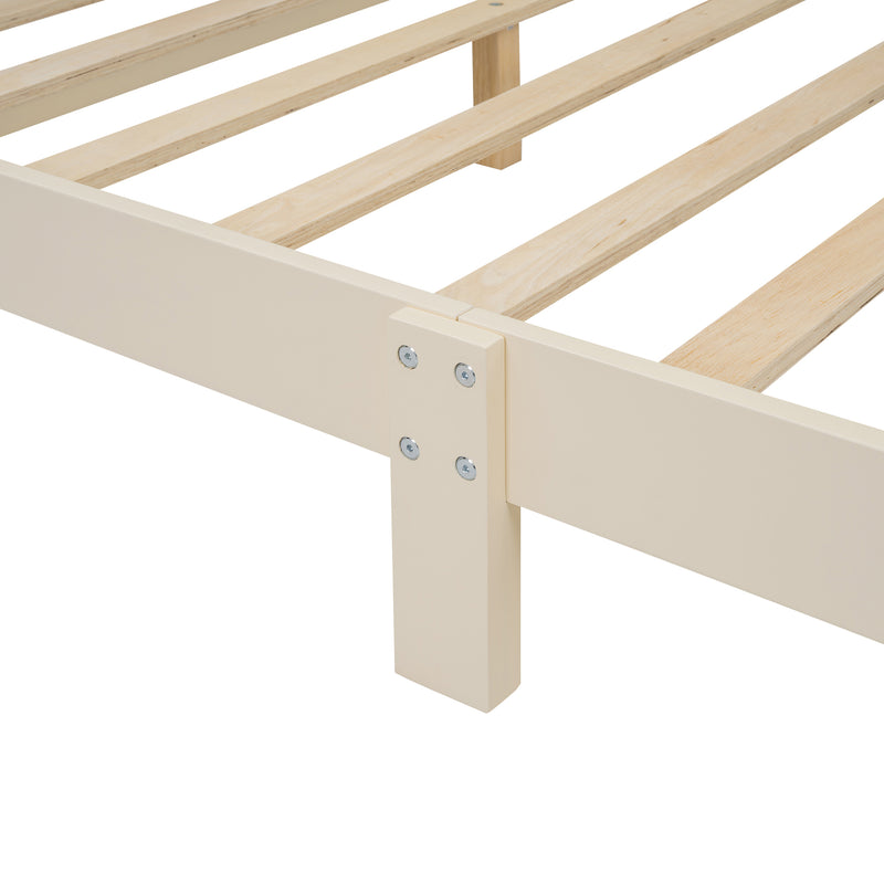 Full Size Wood Platform Bed with House-shaped Headboard and Built-in LED, Walnut+Milk White