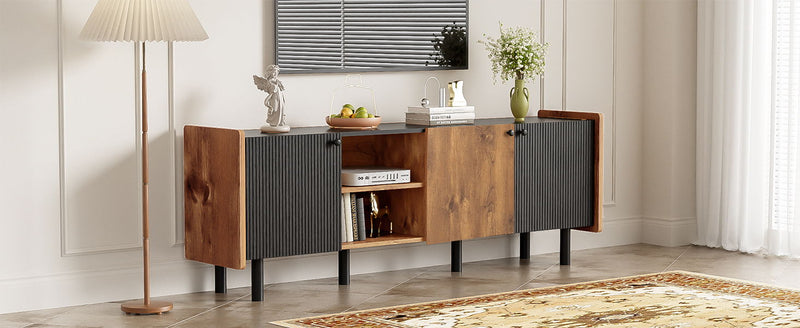 Mid Century TV Stand With 3 Cabinets, Media Console Table For Tvs Up To 70'', Entertainment Center With Storage For Living Room - Black / Brown