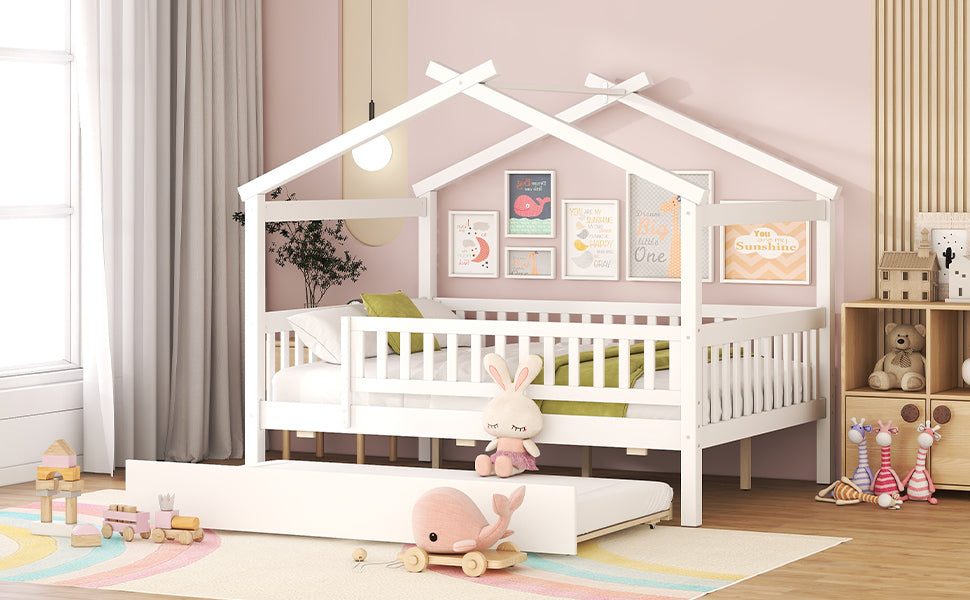 Full Size Wooden House Bed with Twin Size Trundle, White - Atlantic Fine Furniture Melbourne FL