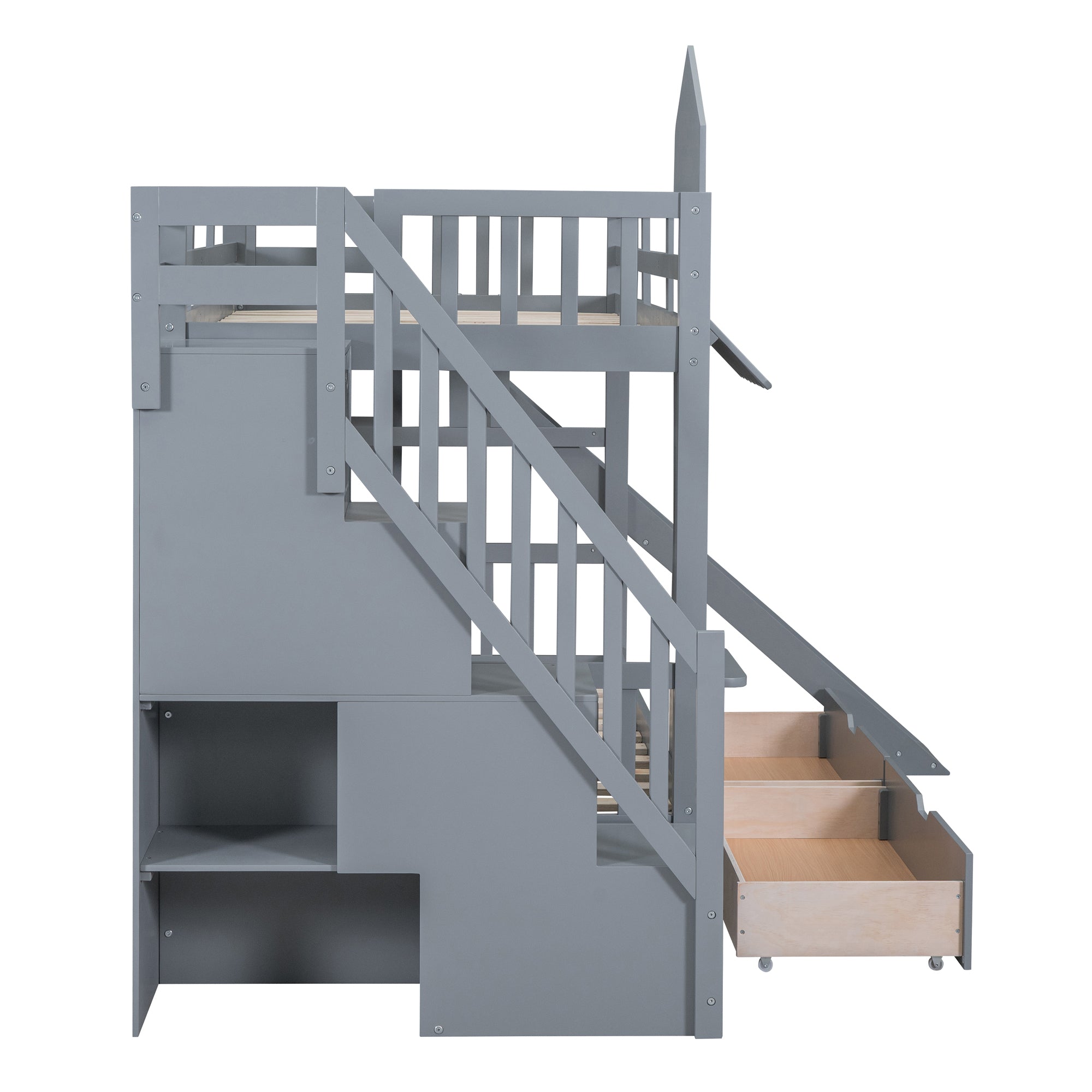 Twin-Over-Twin Castle Style Bunk Bed with 2 Drawers 3 Shelves and Slide - Gray - Atlantic Fine Furniture Melbourne FL