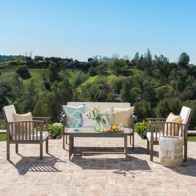 4 Piece Outdoor Chat Set With Water Resistant Cushion And Wood Frame - Cream / Gray