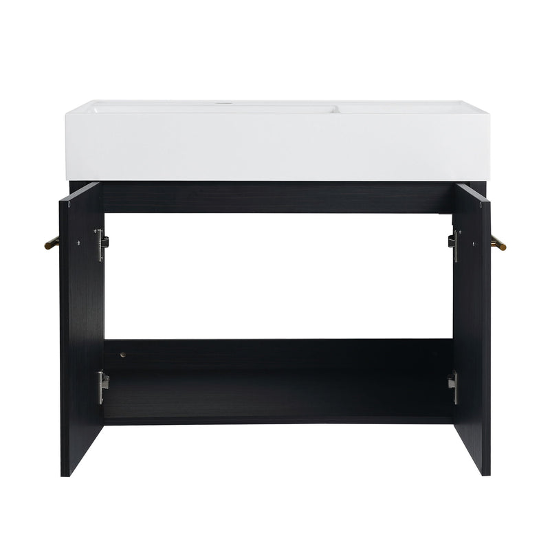 Modern Wall Mounted Bathroom Vanity With Resin Sink And Storage Rack