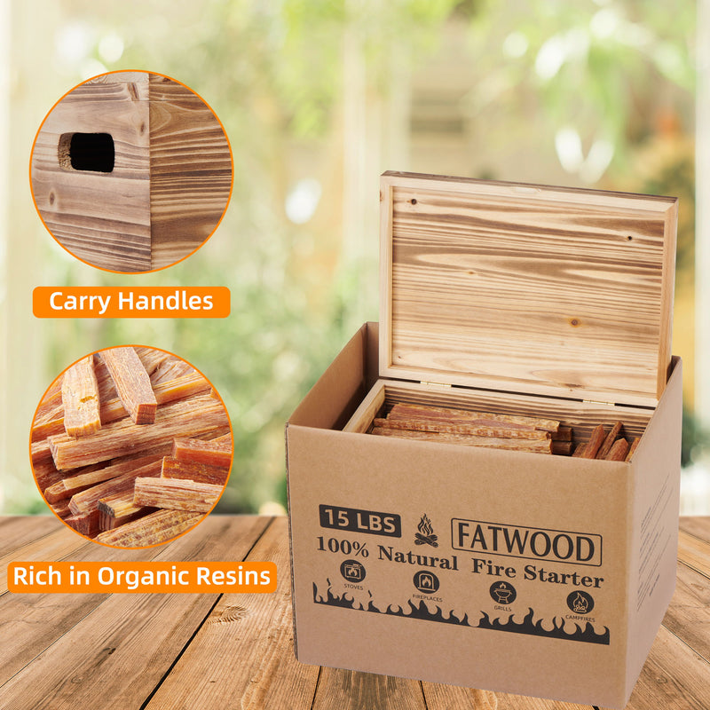 15 Lbs Fatwood Fire Starter Sticks With Box, 100% Natural Kindling Wood, Pine Firewood Firestarter For Campfire, Stove, Fireplace, Bonfires, Grill - Natural