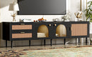 Rattan TV Stand With 3 Cabinets & 2 Drawers, Rattan-Inspired Media Console Table For Tvs Up To 80'', LED Light Entertainment Center, TV Cabinet For Living Room - Black
