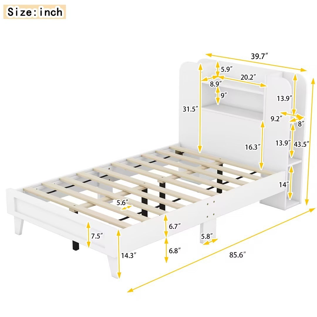 Twin Size Platform Bed with Storage Headboard,Multiple Storage Shelves on Both Sides,White - Atlantic Fine Furniture Melbourne FL