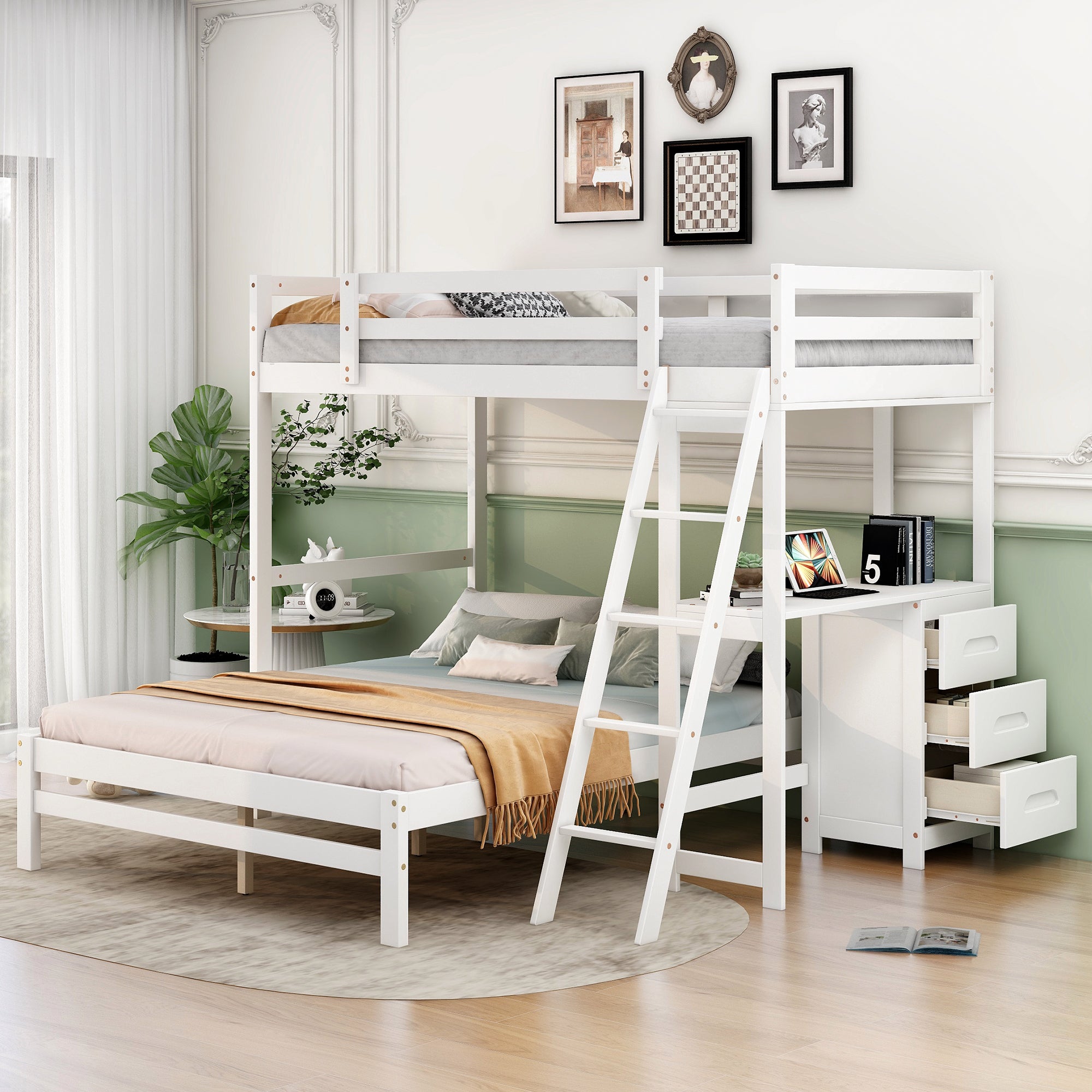 Twin over Full Bunk Bed with Built-in Desk and Three Drawers,White - Atlantic Fine Furniture Melbourne FL