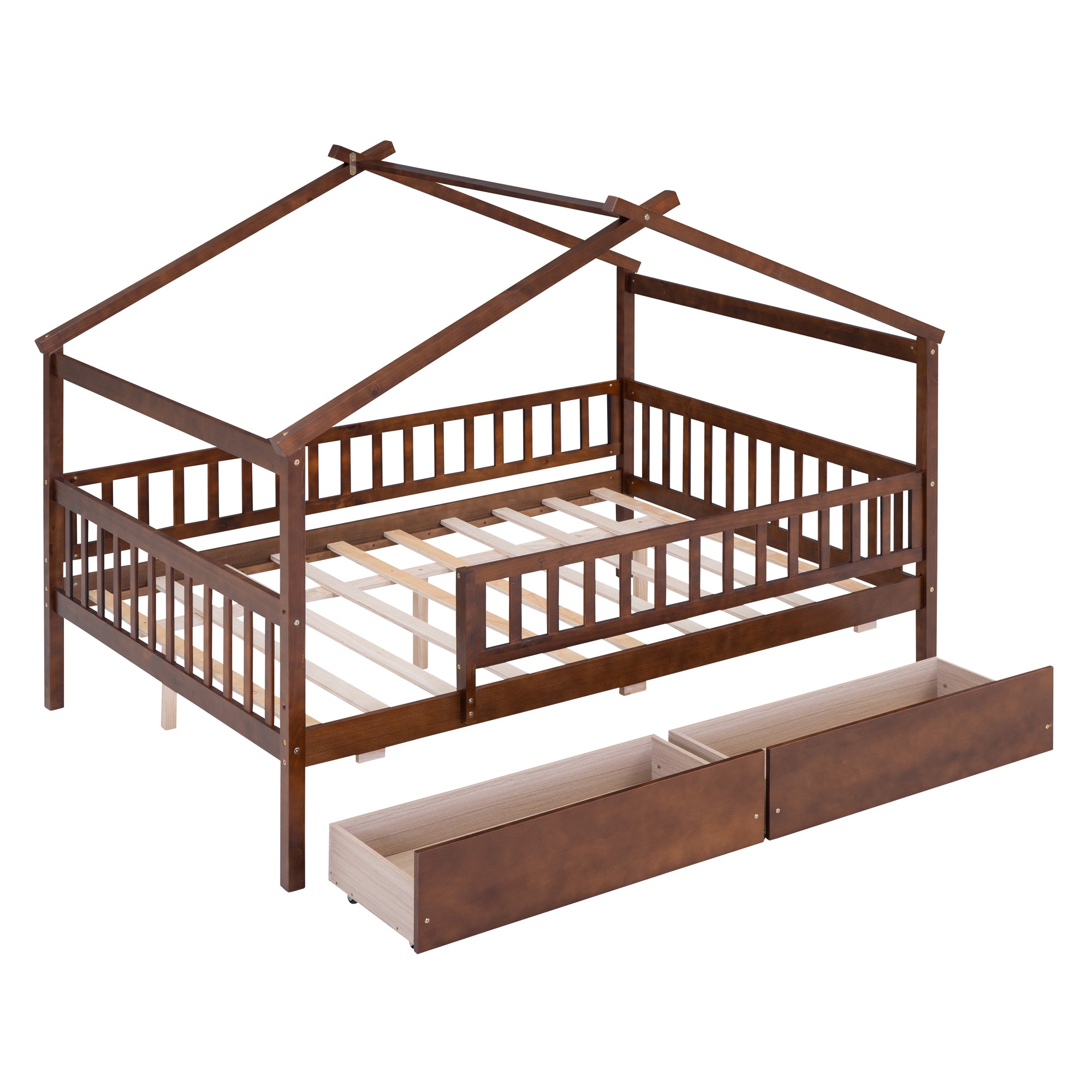 Full Size Wooden House Bed with Two Drawers, Walnut - Atlantic Fine Furniture Melbourne FL