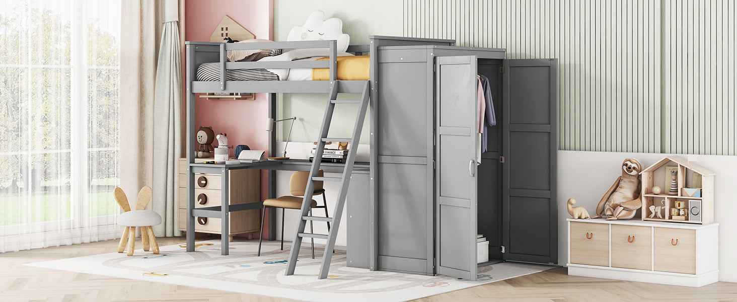 Twin size Loft Bed with Desk, Shelves and Wardrobe-Gray - Atlantic Fine Furniture Melbourne FL