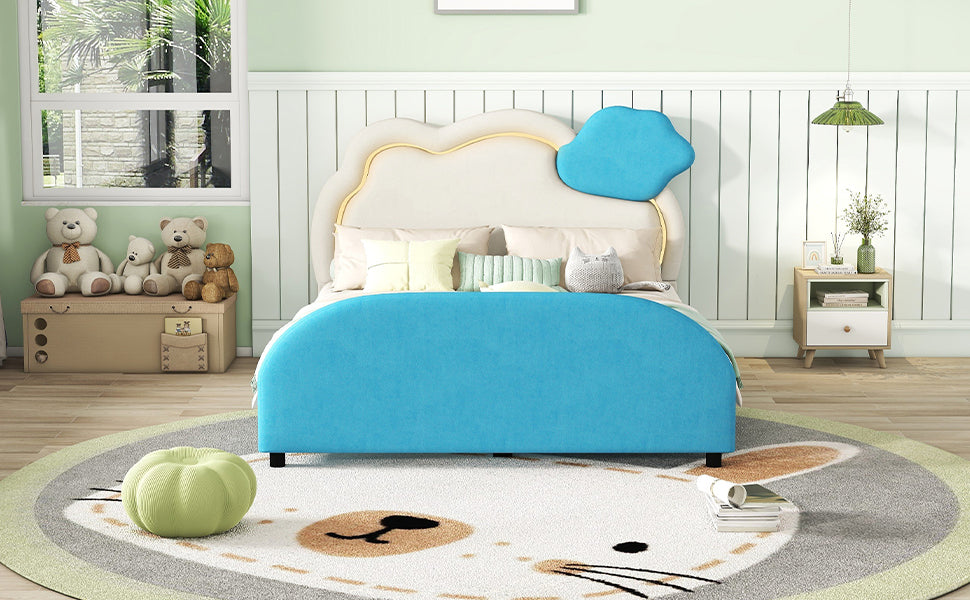 Full Size Upholstered Platform Bed with Cloud-Shaped Headboard and Embedded Light Stripe, Velvet, Blue - Atlantic Fine Furniture Melbourne FL