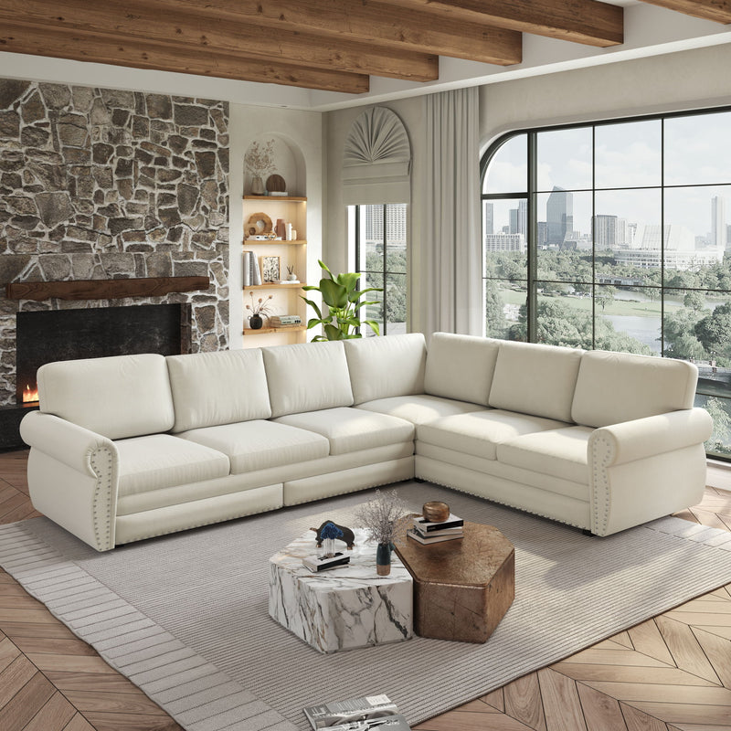 L-Shaped Sofa Couch With Pull Out Bed With Nailhead Trim & Rolled Arm, Sectional Couches, For Living Room - Beige