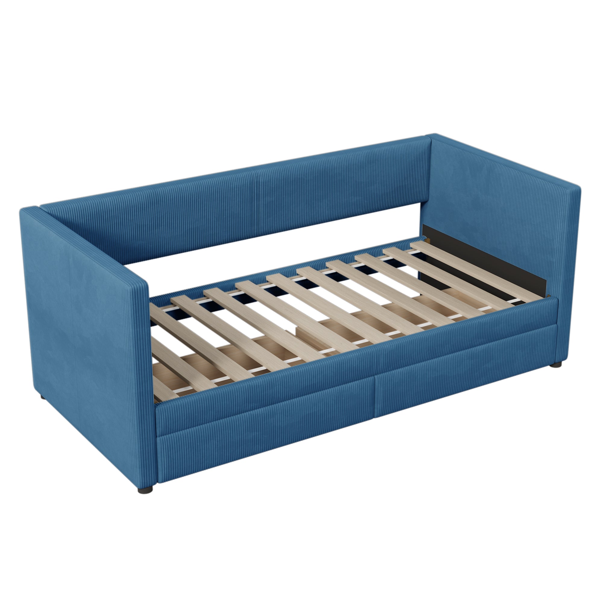 Twin Size Corduroy Daybed with Two Drawers and Wood Slat, Blue - Atlantic Fine Furniture Melbourne FL