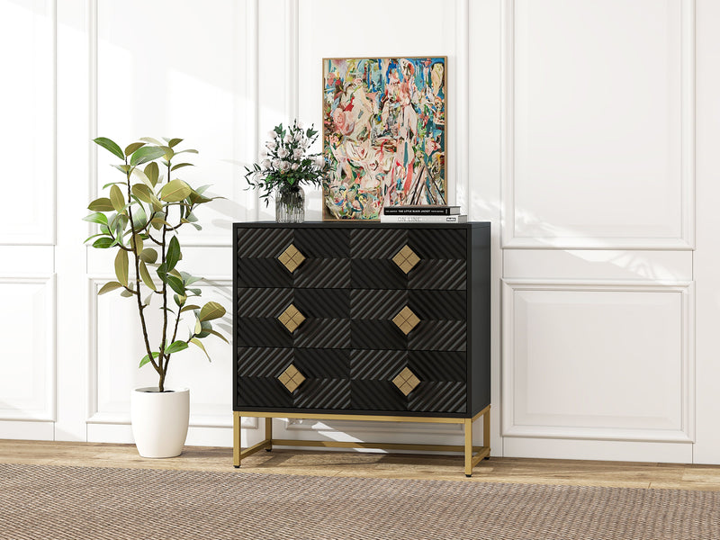 3 Drawer Storage Cabinet, 3 Drawer Modern Dresser, Chest Of Drawers With Decorative Embossed Pattern Door For Entryway, Living Room, Bed Room - Black