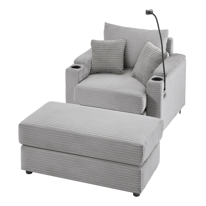 Single Sofa Couch With Storage Space, Movable Ottoman, USB Ports, Cup Holders, Phone Holder