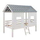 Twin Size Low Loft House Bed with Roof and Two Front Windows , White