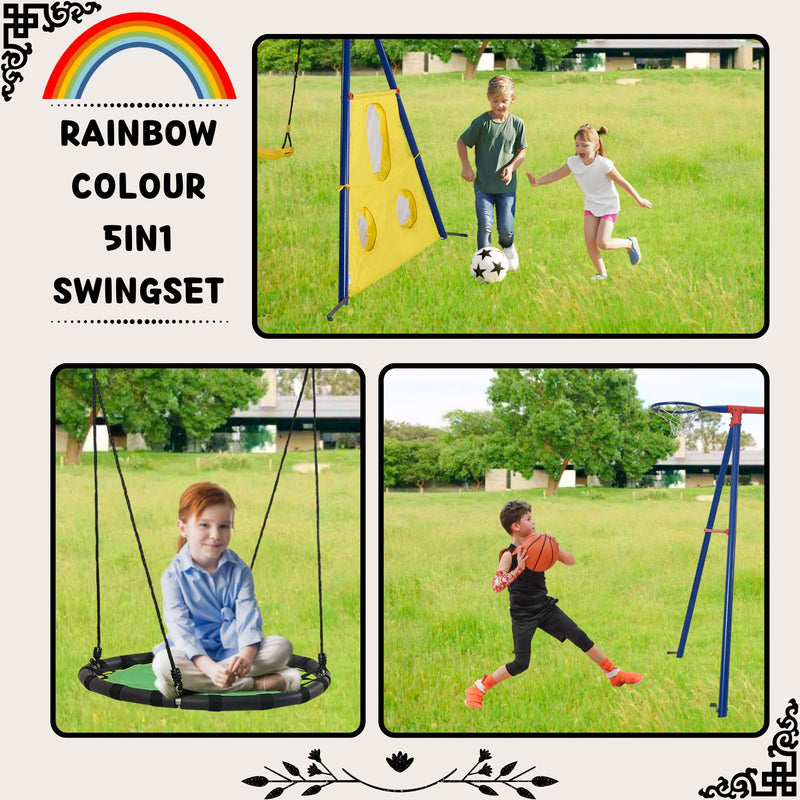5 In 1 Swing Set With Textilene Swing And Tree Swing Disc Metal Plastic Safe Swing Seat For Outdoor Playground - Blue / Green