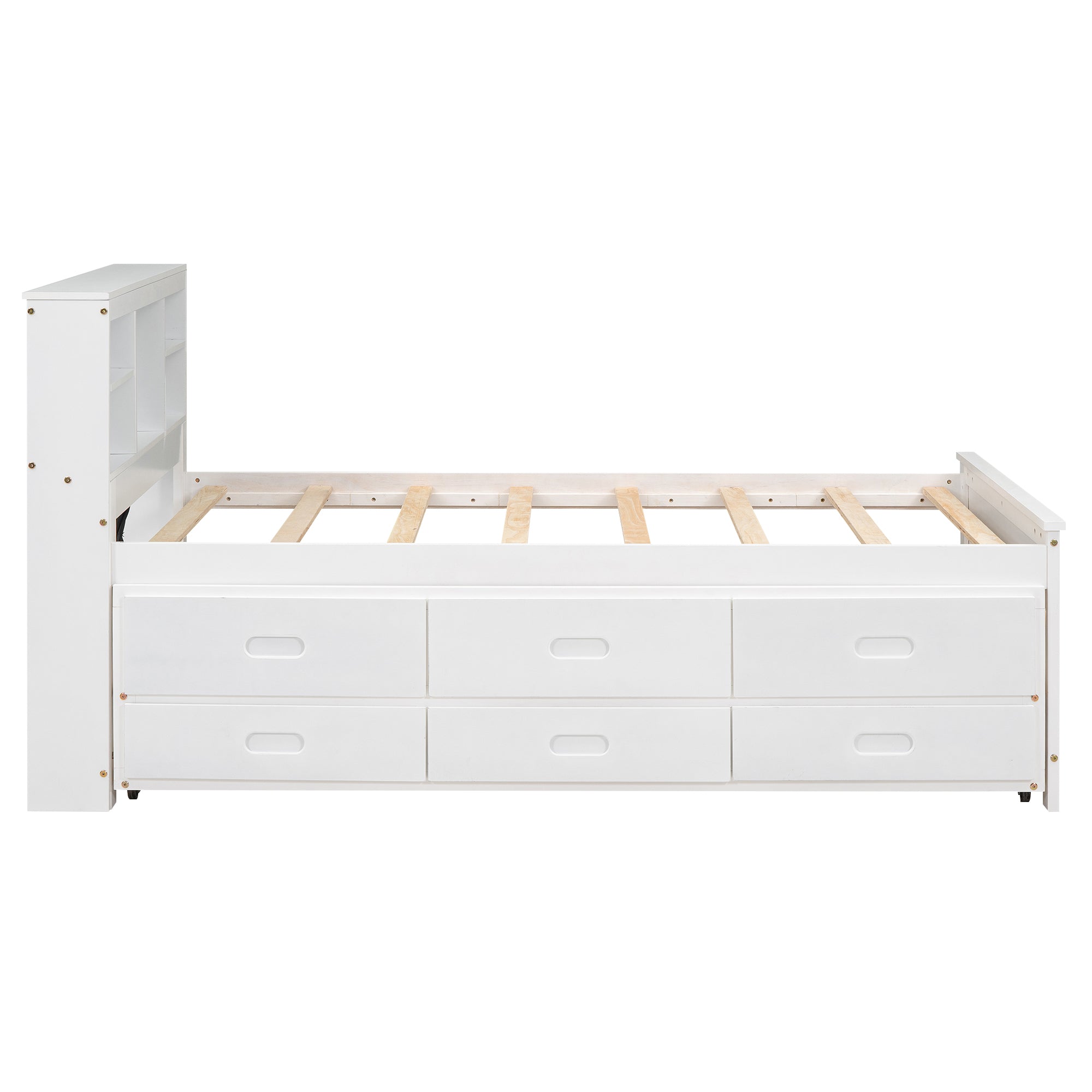 Twin Size Platform Bed with Storage Headboard, USB, Twin Size Trundle and 3 Drawers, White - Atlantic Fine Furniture Melbourne FL