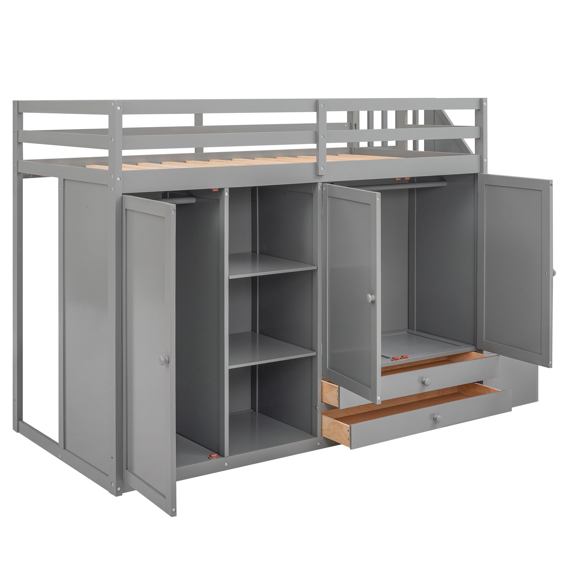Functional Loft Bed with 3 Shelves, 2 Wardrobes and 2 Drawers,  Ladder with Storage, No Box Spring Needed, Gray - Atlantic Fine Furniture Melbourne FL