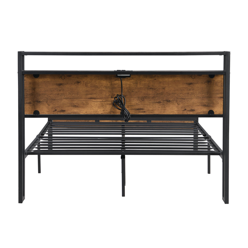 Queen Size  Metal Platform Bed Frame with Wooden Headboard and Footboard with USB LINER, No Box Spring Needed, Large Under Bed Storage, Easy Assemble