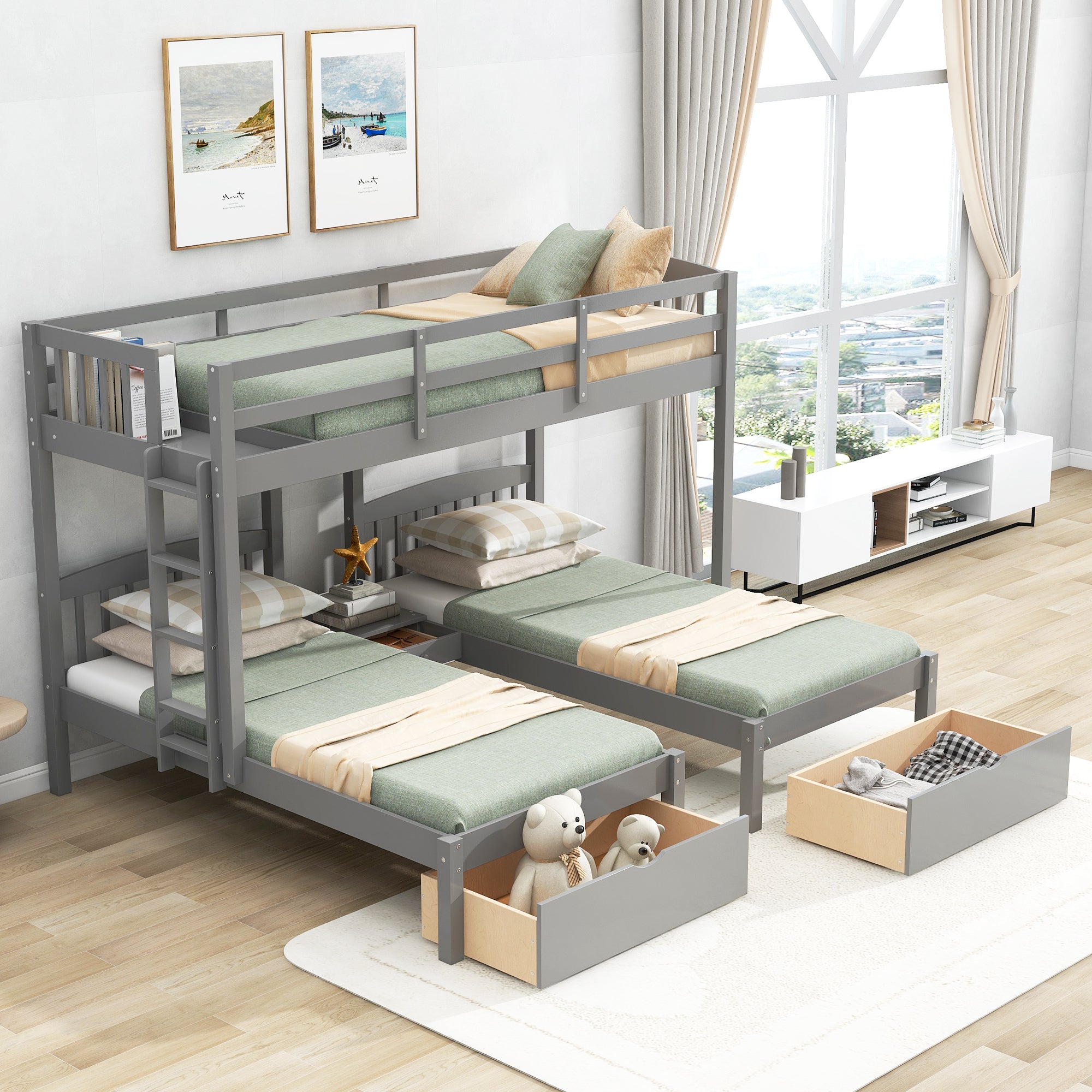 Twin over Twin & Twin Bunk Bed with Two Drawers and Built-in Middle Drawer, Gray - Atlantic Fine Furniture Melbourne FL
