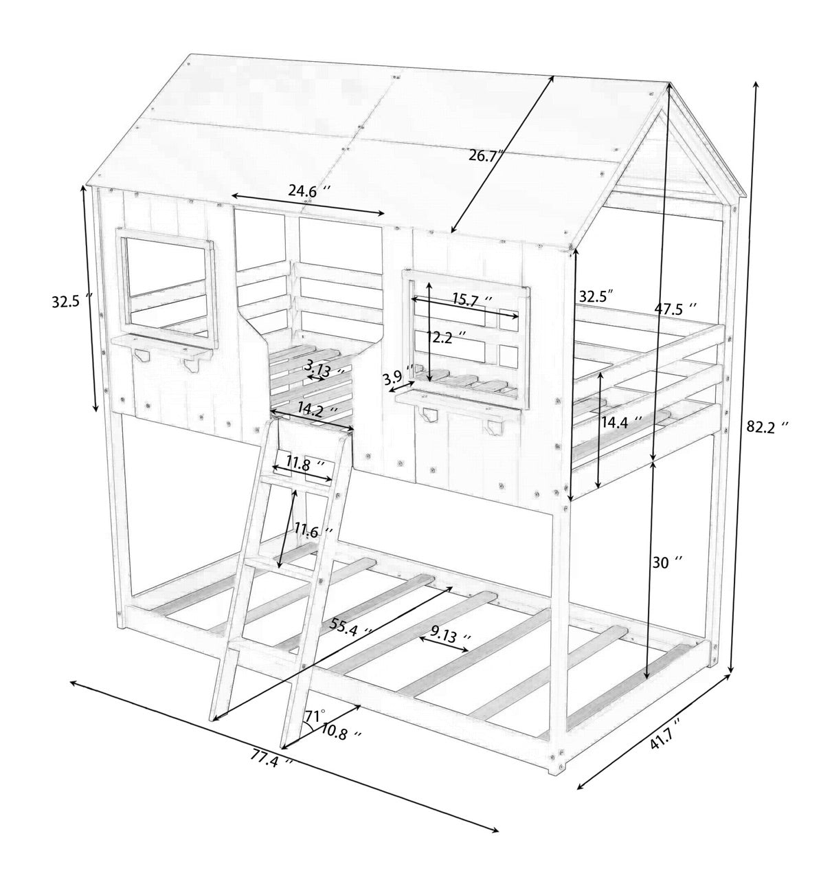 Twin Over Twin Bunk Bed Wood Bed with Roof, Window, Guardrail, Ladder (White)(OLD SKU :LP000045AAK)