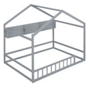 Wooden Full Size House Bed with Storage Shelf,Kids Bed with Fence and Roof, Gray